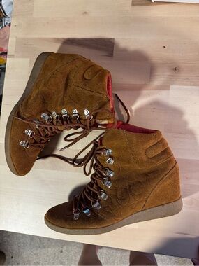 Coach Brown Suede Wedge Hiking-Inspired Boots with Red Lining